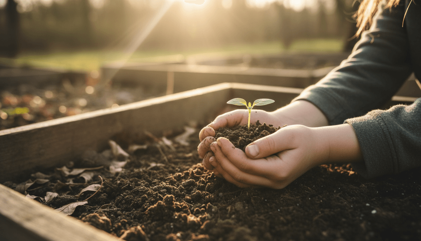 Young child's hands holding a green seedling in soil at a garden
