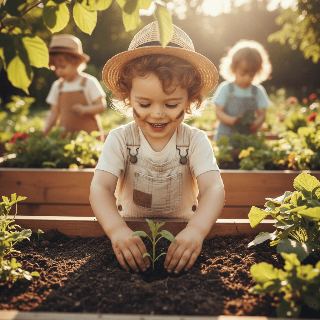 Young child planting a seedling in a garden bed with hands in the soil
