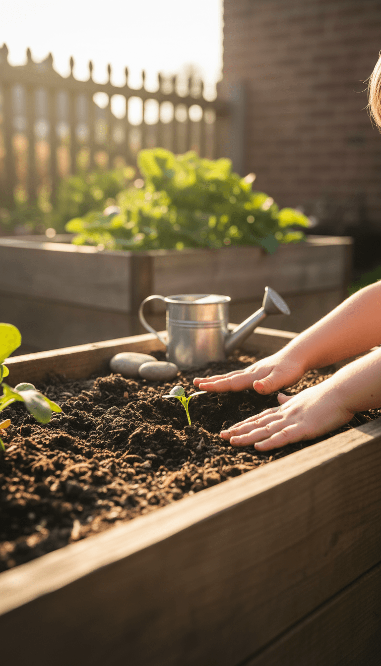 Child's hands planting in soil at a garden