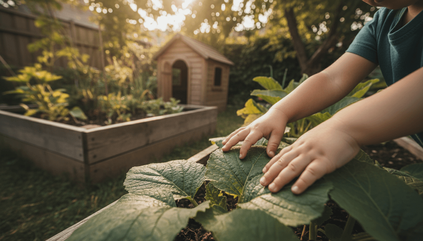 A child's hands gently touching a green plant leaf in a garden