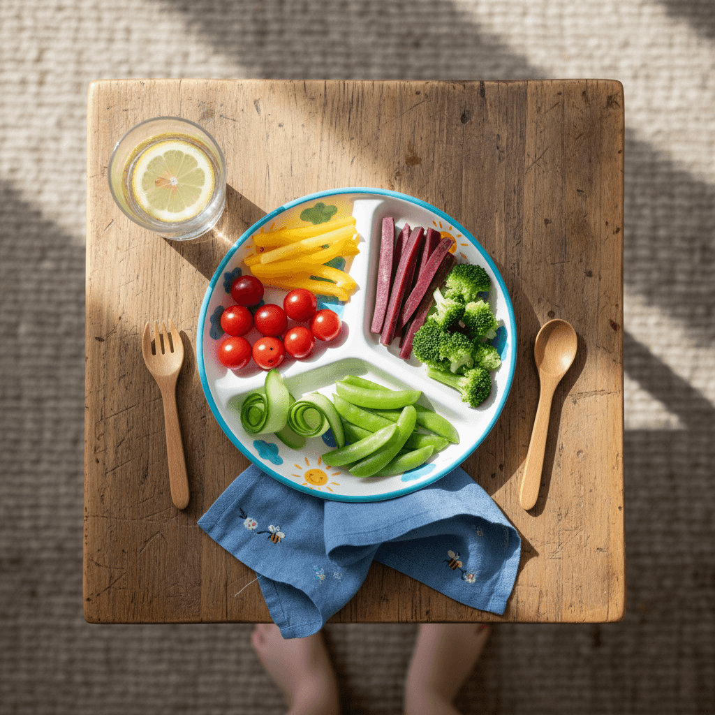 Simple plate of freshly picked vegetables on a small wooden table