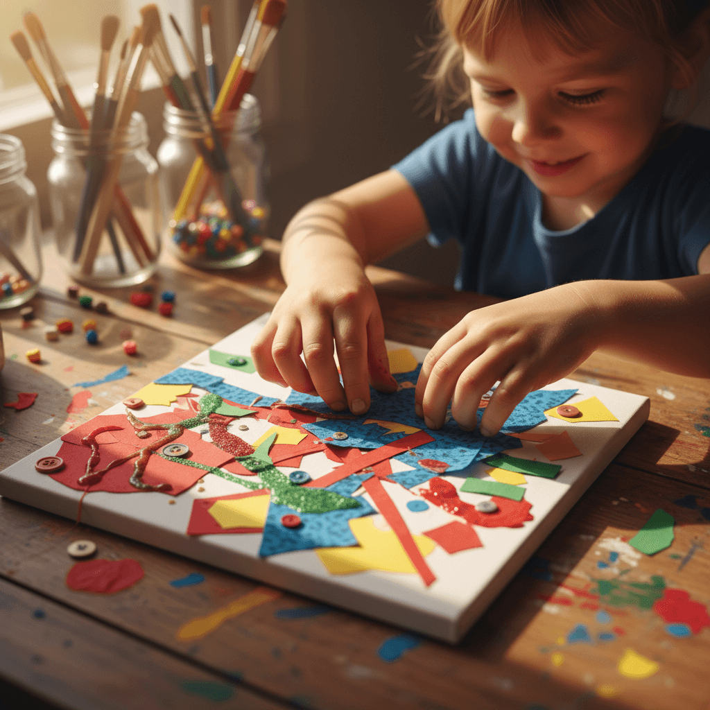 A child's hand pressing a green leaf into a soft piece of clay on a wooden table with paint supplies