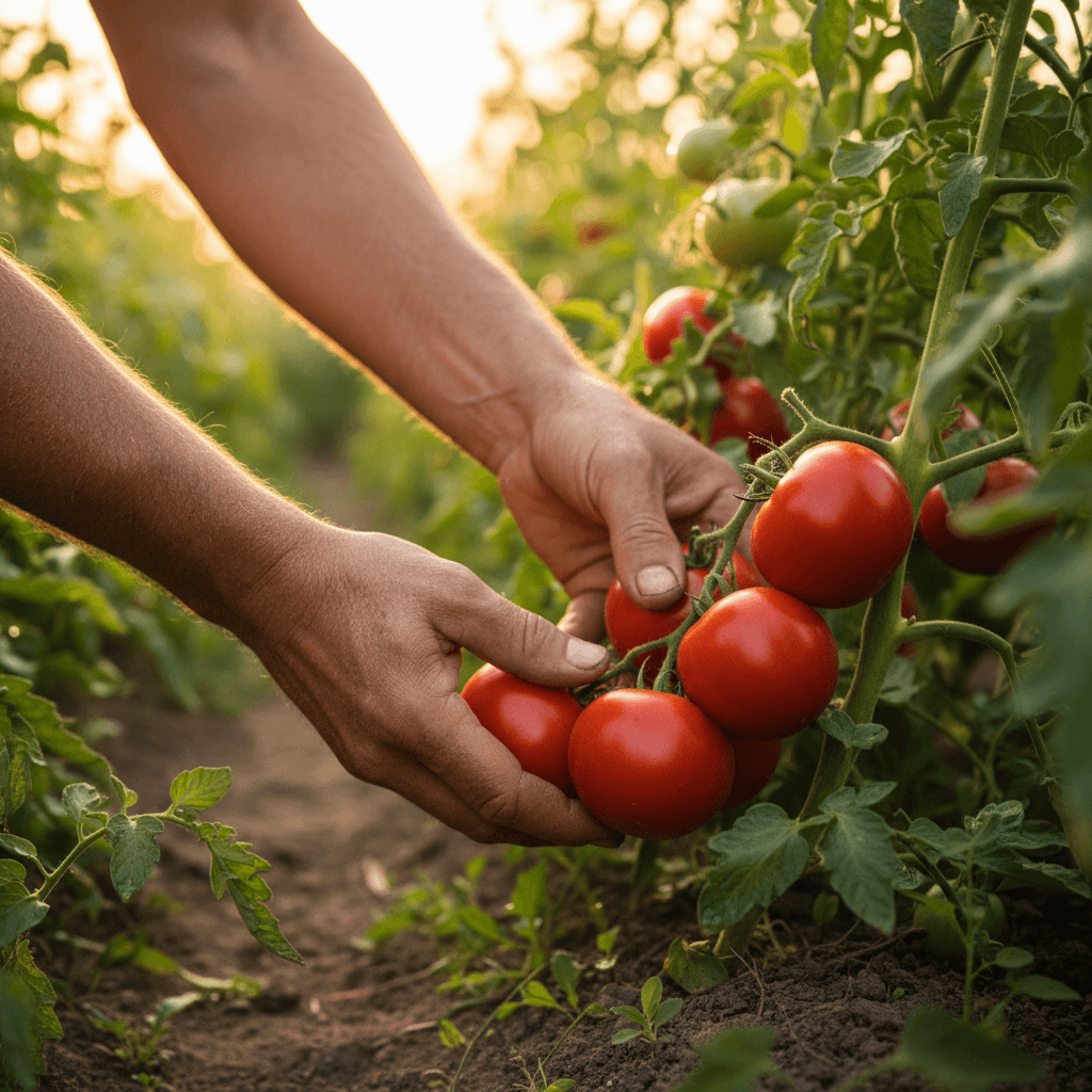 Close-up of a child's hands washing a bright red tomato under an outdoor water spigot