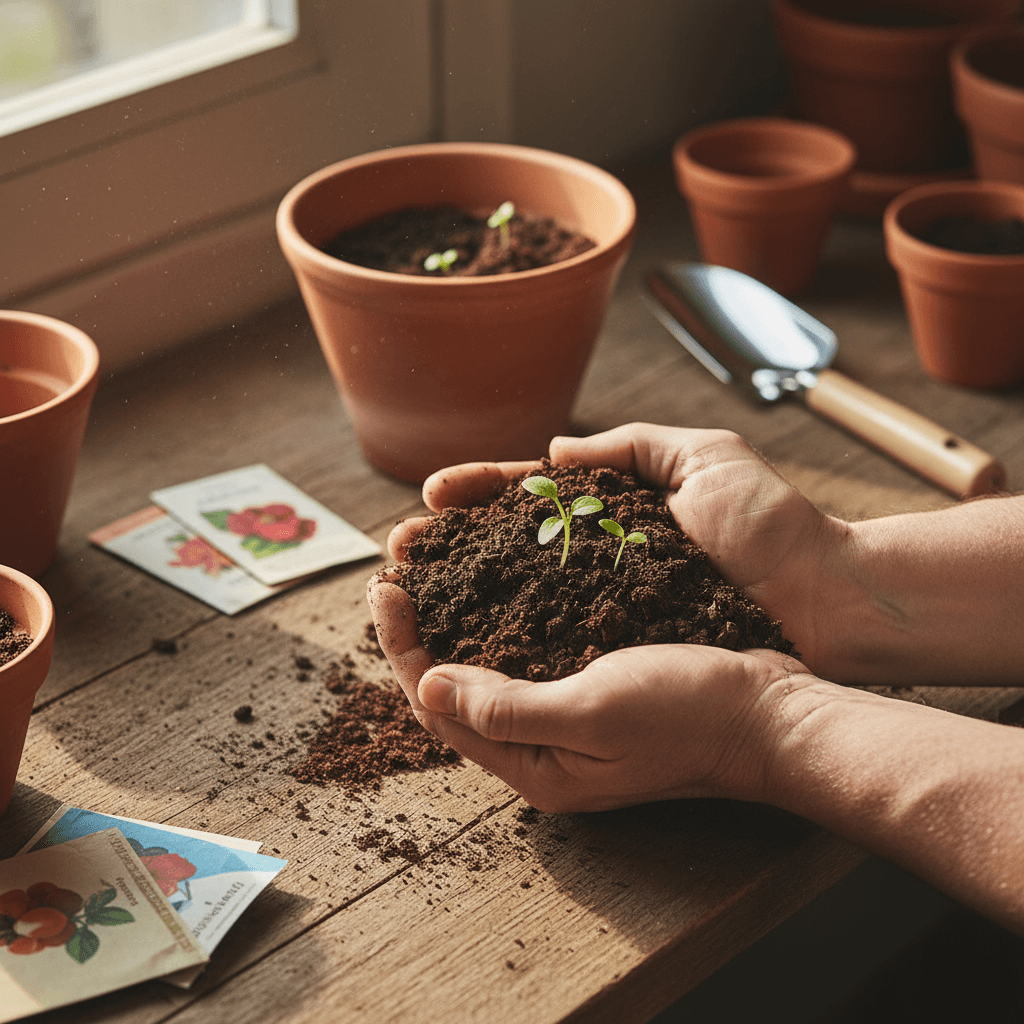 Close-up of little hands planting a seedling