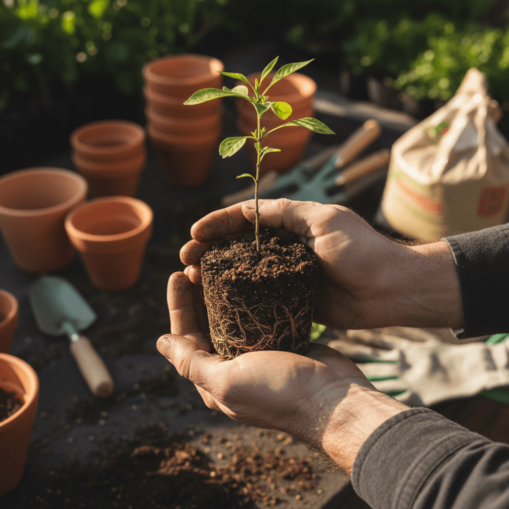 Young child holding a seedling in a garden bed