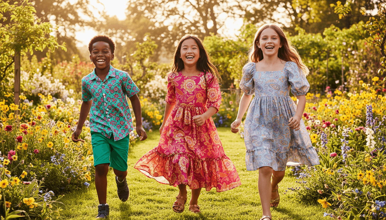 Children running through a sunflower patch