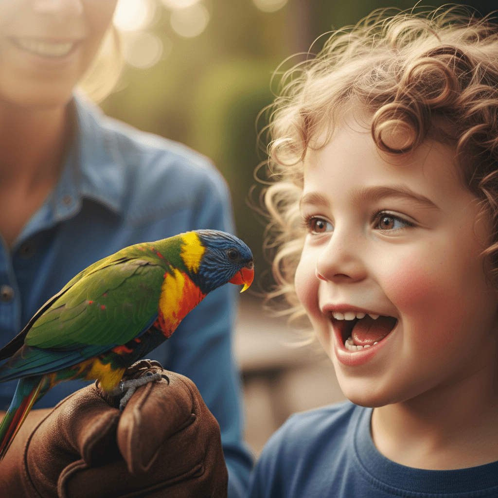 Educator sitting beside a child examining a small insect