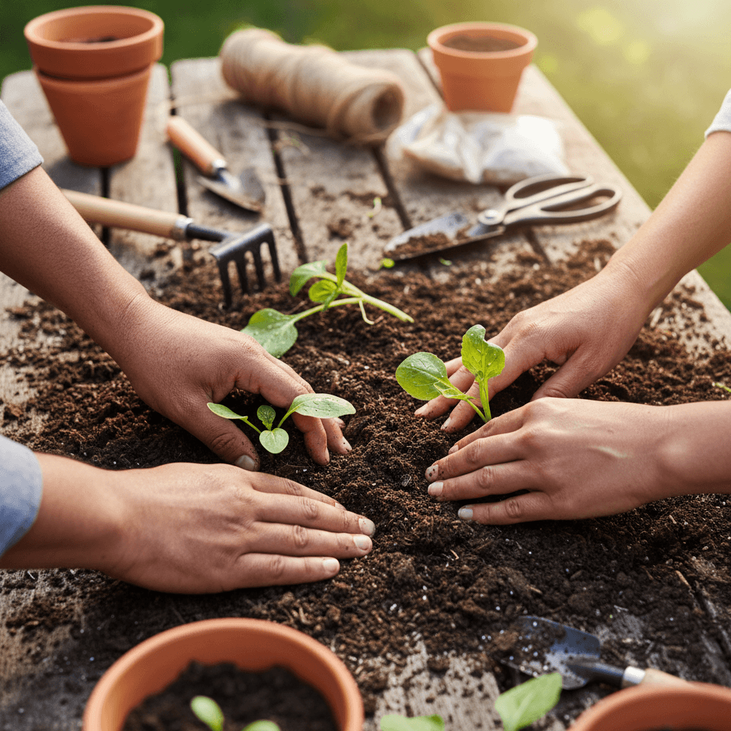 Child's hands planting a seedling in a raised garden bed