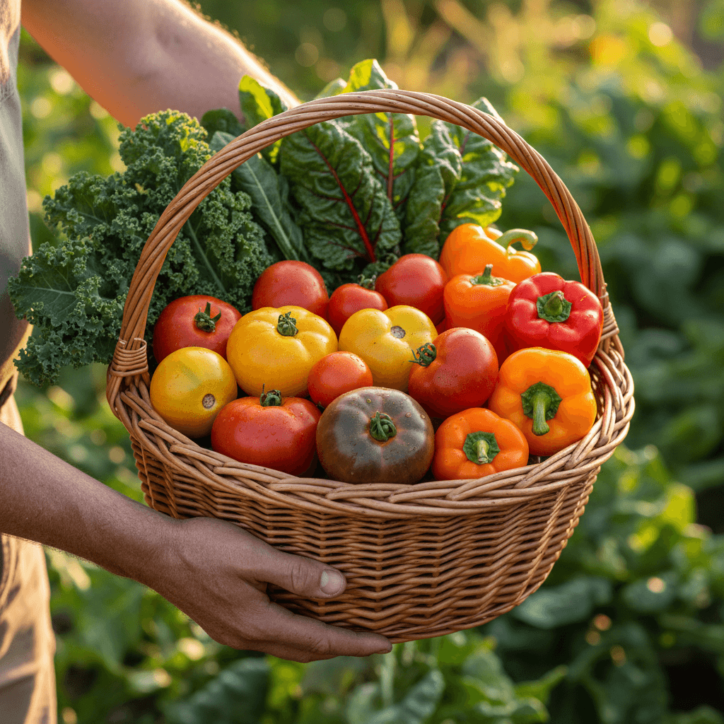 Child holding a basket of freshly picked vegetables