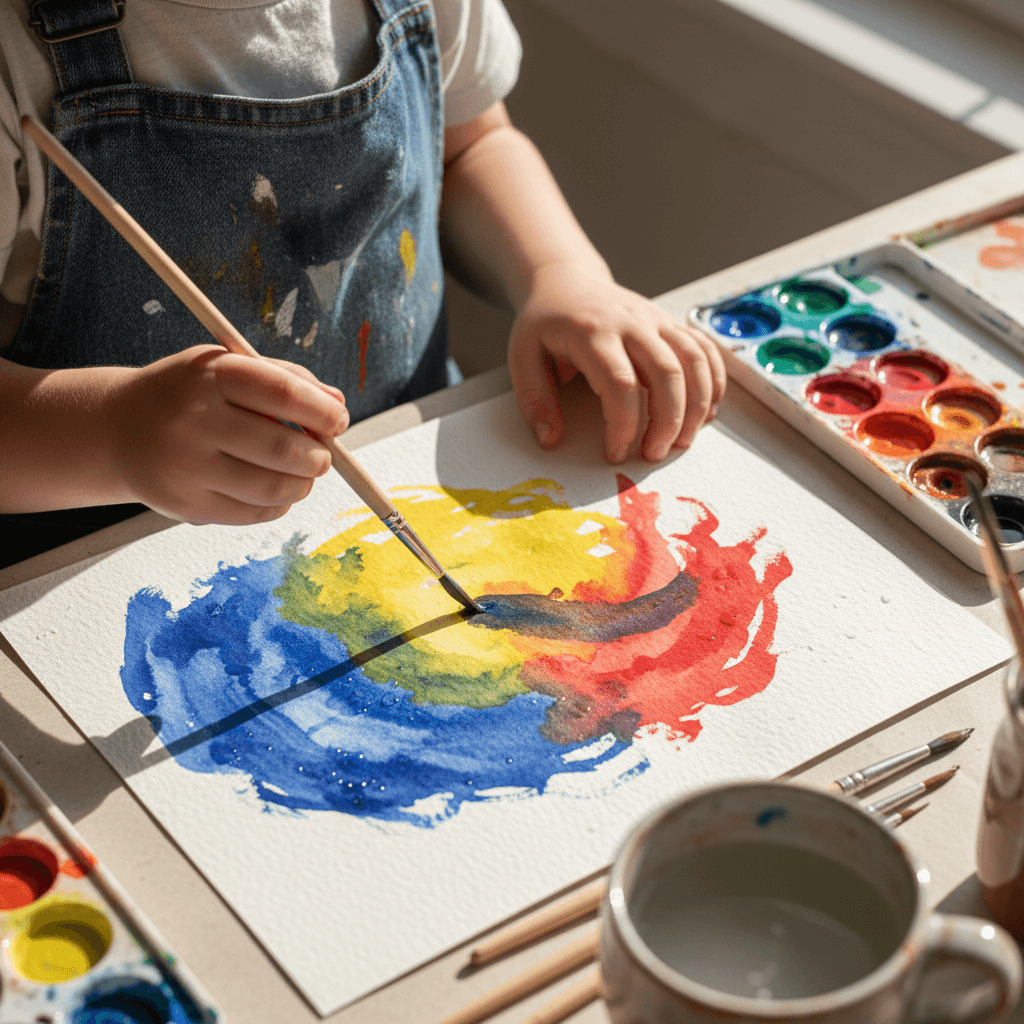 Child painting with natural materials and earthy colors