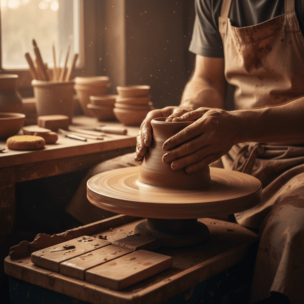 Child's hands shaping clay on a wooden table in a sunlit room