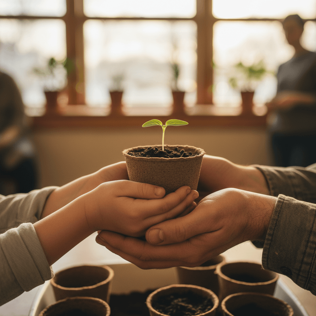 Child watering a garden bed with help from a caregiver